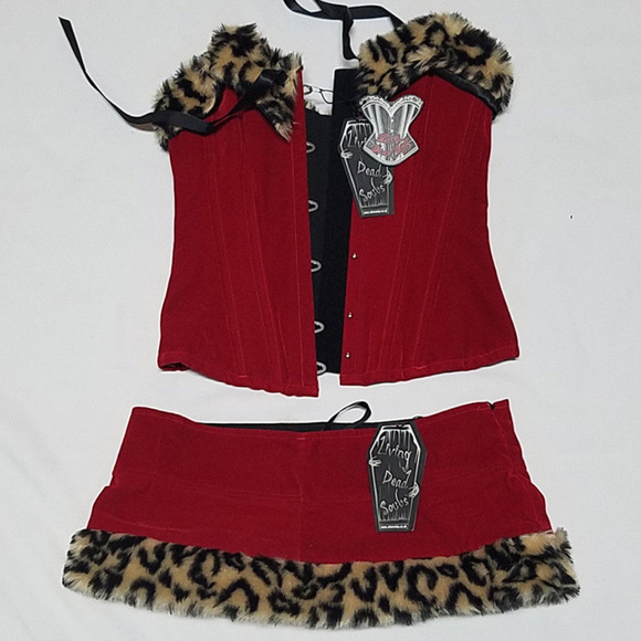 Red Velvet Corset w Faux Leopard Fur & Micro Skirt - Picture 2 of 3